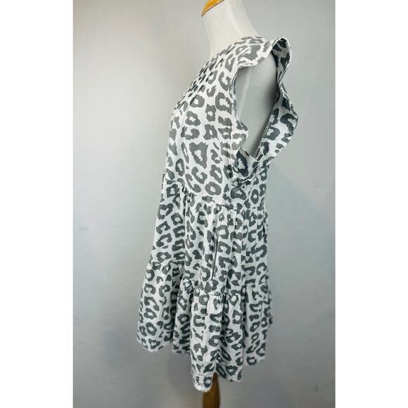 Very J Dress Linen Blend Leopard Print Gray White Size Large Flutter Sleeve - Picture 2 of 10